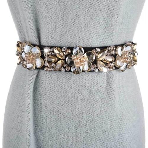 Shine Rhinestone Women High Waist Cummerbunds Flower Elastic Belt