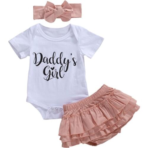 Cute Summer Infant Toddler Baby Girls Clothes Set Cotton Short Sleeve Letter Bodysuit+Ruffle Shorts Headband Sets 3pcs