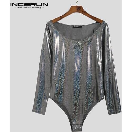 INCERUN Men Bodysuit T Shirt 2021 O Neck Long Sleeve Streetwear Party Romper Sexy Underwear Shiny Men Bodysuits Tops Plus Size