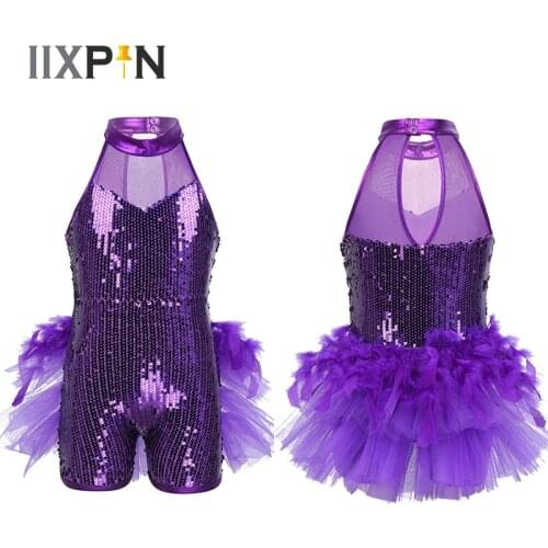 Girls Sequins Jazz Latin Ballet Dance Costume Leotard Jumpsuit Kids Sleeveless Mock Neck Shiny jazz Costume Feather Costumes