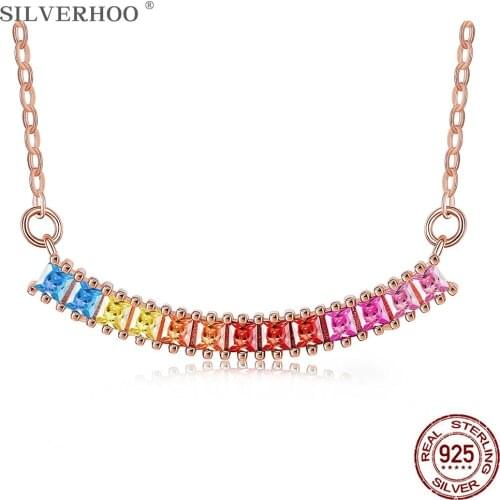 SILVERHOO S925 Sterling Silver Necklace For Women Colorful Cubic Zirconia Semicircle Pendant Necklace Daily Life Fine Jewelry
