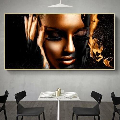 Gold and Black African Sexy Women Oil Painting Printed on Canvas Scandinavian Poster Wall Paintings for Living Room Home Decor