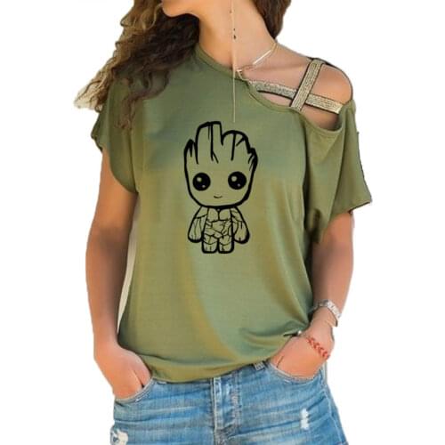 Kawaii Groot Design T-shirt Womens Fashion Short Sleeve Tee Shirts Hipster Irregular Skew Cross Bandage Popular T Shirt