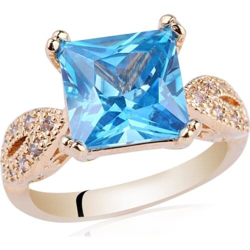 Classic Yellow Gold Color Ring Women Jewelry 9x9mm Square Shape Cubic Zirconia Crystal Anillo Mujer R101