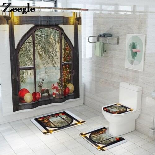 Bath Mat and Waterproof Shower Curtain Set Toilet Carpet Non-Slip Bath Floor Mat Bathroom Absorbent U-Shaped Toilet Rug Set
