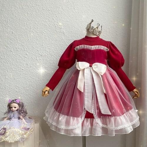 Girls red christmas dress 2021 fall new baby girls ruffles bow long sleeve princess dresses wholesale