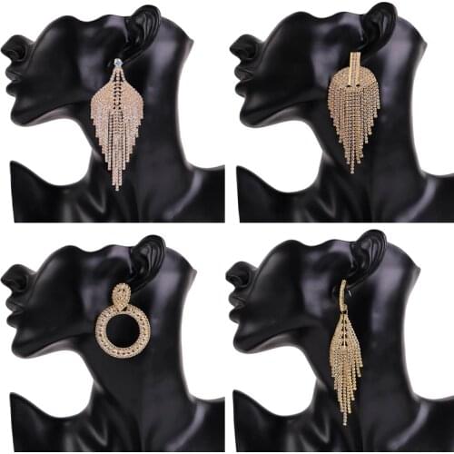Minmin Gold Color Rhinestone Tassel Earrings for Women Large Korean Wedding Bridal Long Drop Statement Hanging Earrings EH1692