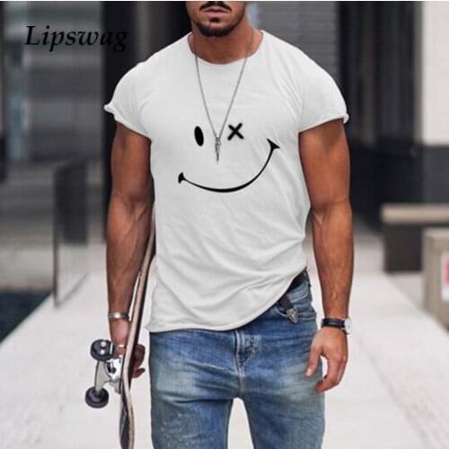 2021 Summer Casual Short Sleeve T-Shirts For Mens Fashion Smiley Face Print O-Neck Pullover Tops Plus Size Male Tee Streetwear