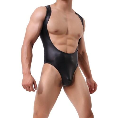 Men Undershirts Night Club Sexy Men Sleeveless Faux Leather Zipper Bodysuit Slims Fits Jumpsuit Gay Slim Shaper Underwear