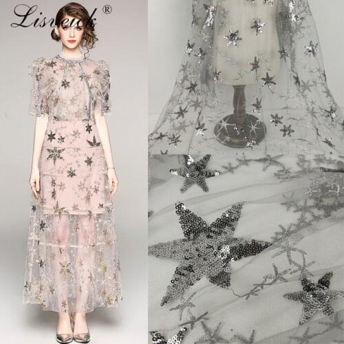 New 1yard gray star sequin Silver thread embroidery Printed Gauze Tulle Fabric for Party Wedding Veil Dress Skirt Clothes DIY