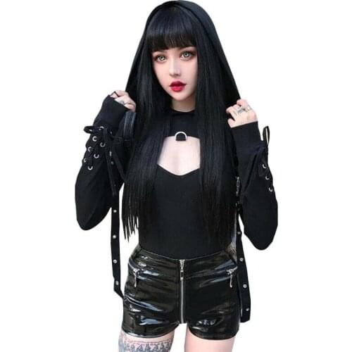 2020 Newest Hot Womens Gothic Punk Costumes Hooded Sweatshirt Ladies Sexy Bandage Long Sleeve Crop Top Solid Black Short Hoodie