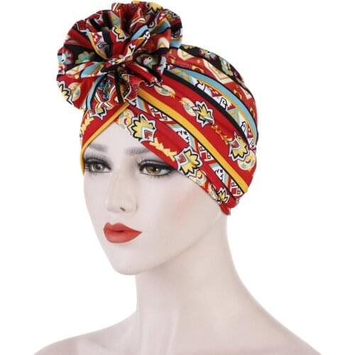 2020 New Forehead Flower Turban Caps for Women Stretchy Print Hijab Bonnet India Hat Muslim Headscarf Turbante Mujer
