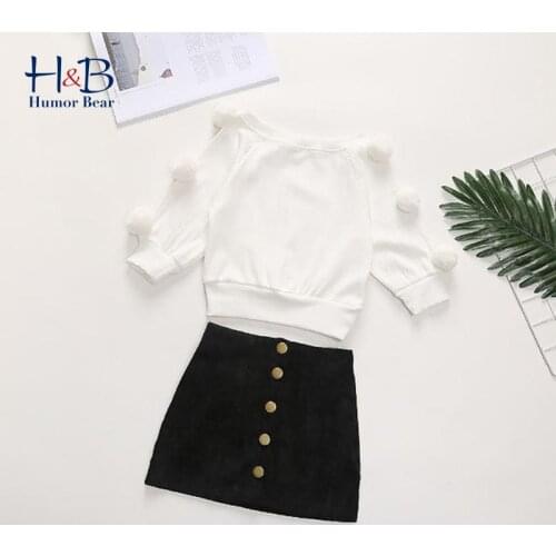 Humor Bear Autumn 2-6Y Girls Clothes Sets Long Sleeve Hairball Knit Tops Sweater+Button Mini Skirt Warm Outfits Sets