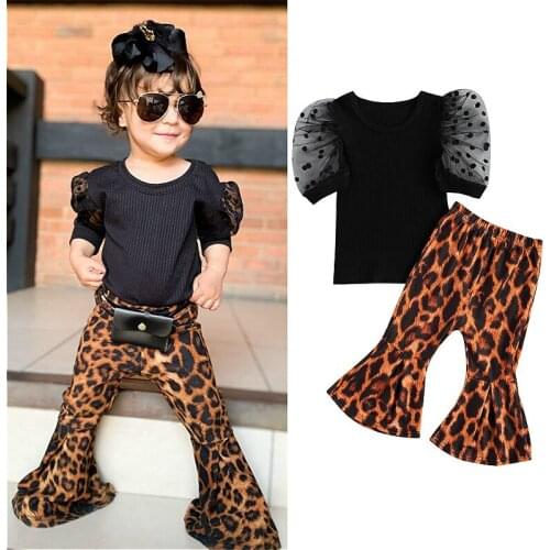 1-6T Fashion Kids Girls Clothes Summer 2 Piece Outfit Polka Puff Sleeve Knitted Tops+Leopard Print Flared Pants Set