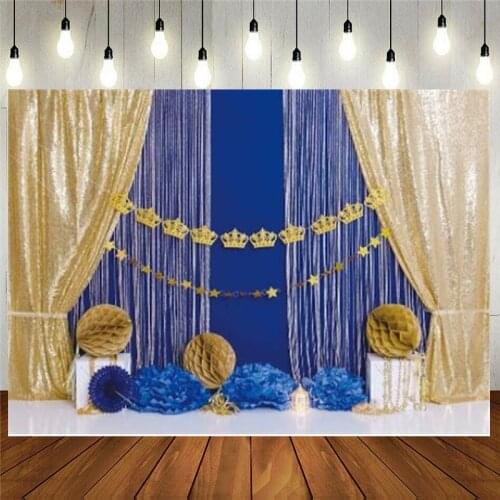 Blue Royal Prince Photography Backdrop Supplies Newborn Kids Boys Birthday Party Decors King Gold Crown Curtains Baby Shower