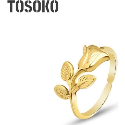 TOSOKO Stainless Steel Jewelry Rose Ring Elegant Plant Ring Opening Adjustable Female Ring BSA146