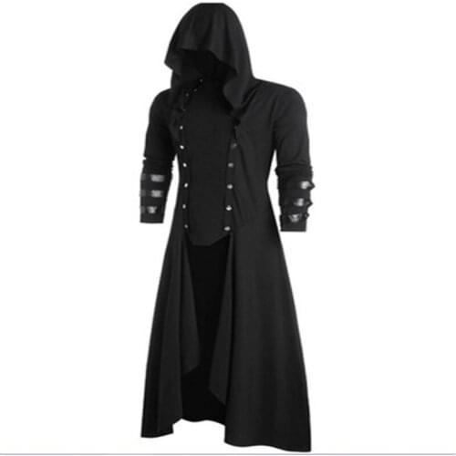 Gothic Mens Trench Retro Steam Men Jacket Wind Cloak Coat Black Men Clothing Cap Cardigan Long Sleeve Coat Men