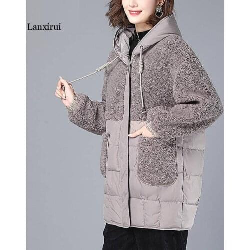 Long Thick Lambswool Patchwork Fashionable Harajuku Turn-down Collar 2020 New Winter Warm Women Streetwear Jacket Coat
