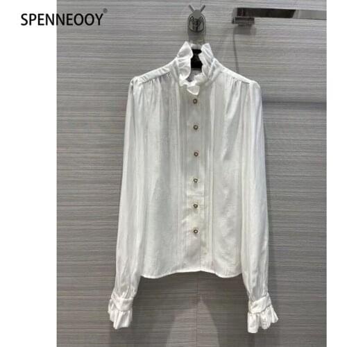 SPENNEOOY Designer Brand Vintage White Blouse Shirt Women Elegance Flared Sleeves Single-Breasted Blouses Tops