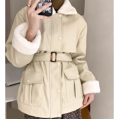 Winter inner tank imitation rabbit fur windbreaker women short PU leather slim fit tie coat cotton jacket