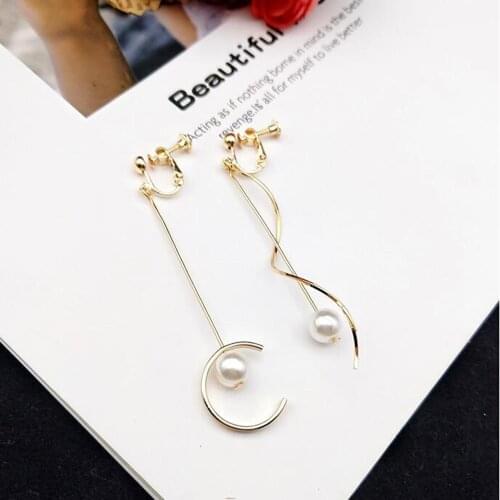 JIOFREE Korean Asymmetric simulated pearl clip on earring Long no pierced Earrings For Women Fashion Ear clip Jewelry