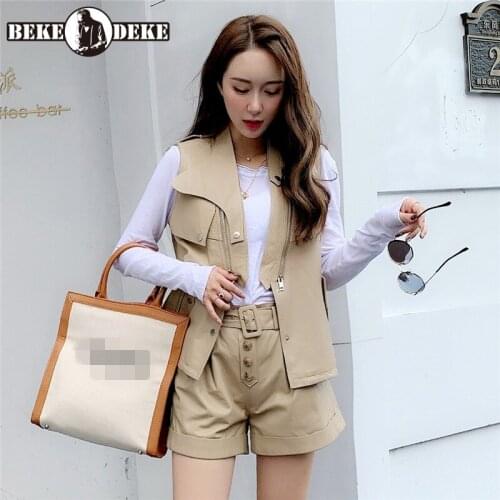 Retro Motorcycle Genuine Leather Vest Women Office Slim Single Breasted Short Waistcoat Street Khaki Sleeveless Jacket Female