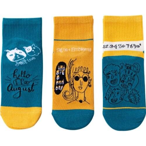 3pcs Cartoon Womens Socks Korea Fashion Personality Street Trend Gril Mid Calf Breathable Antifriction Casual Short Sock Female