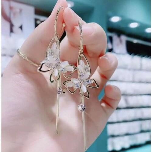925 High-end Opal Butterfly Tassel Earrings Female Fashion Super Fairy Long Luxury Face Thin Net Red Earrings