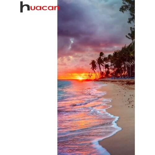 Huacan 5d Diy Diamond Painting Mosaic Seaside Sunset Scenery Home Decor Diamond Embroidery Beach Landscape Wall Stickers