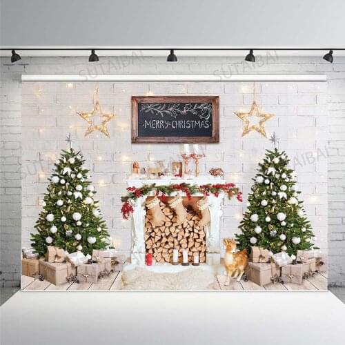 Rustic White Christmas Backdrop for Photography 2021 Winter Fireplace Xmas Tree Wood Background Holiday Portrait Photo Studio
