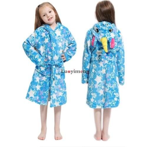 Baby Flannel Bathrobe For Girls Pajamas Kids Rainbow Unicorn Anime Hooded Beach Towel Stitch Robes Sleepwear Children Clothes