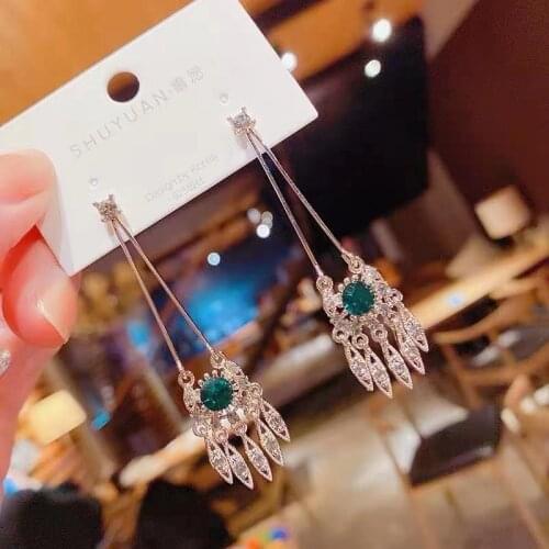 Long tassel pendant green rhinestone earrings elegant female personality fashion earrings hanging earrings wedding accessories