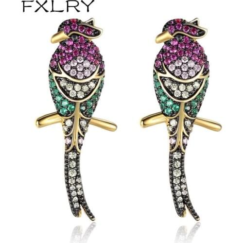FXLRY New Design Personality Jewelry Multicolor Color Cubic Zircon Seven Color Birds Studs Earrings For Girl To Gift