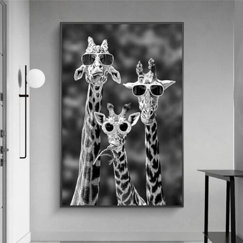 Giraffes with Sunglasses Canvas Painting Black And White Animals Posters Wall Art Picture Cuadros Home Decoration Room Decor