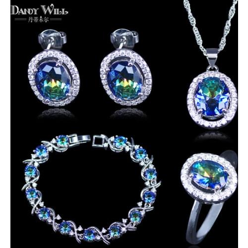 Mystic Rainbow Cubic Zircon Jewelry Sets Silver Color Bridal Jewelry For Women Bracelets/Necklace/Earrings/Pendant/Ring