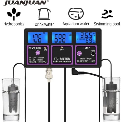 Multi-parameter 6 in 1 PH/Temp/EC/CF/RH/TDS Meter PH Tester Online Water Quality Tester EC Detector Conductivity Monitor 30%off