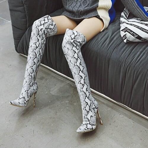 Fashion Snake Pattern Lady Thigh Boots Autumn Winter PU Pointed Sexy Stiletto High Heels Female Zipper Large Size Womens Shoes