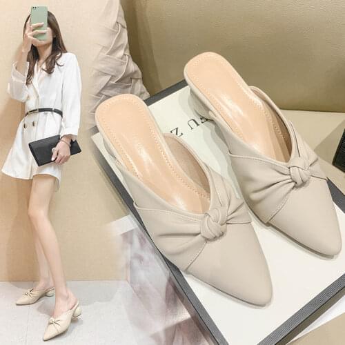 Sandals Leather Mid-Heel Thick With Pointed Toe Elegant All-Match Baotou Half Slippers Female Bow Summer Wear