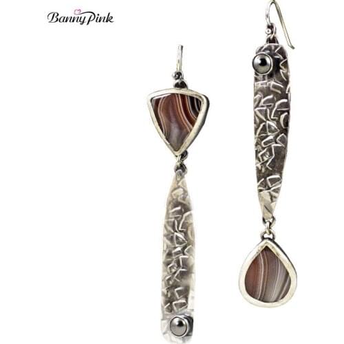 Tibetan Carved Long Bar Pendant Dangle Earrings For Women Asymmetric Geo Statement Drop Earrings Triangle Stone Earring