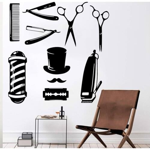 Barber Shop Vinyl Wall Sticker Hair Cut Tools Hairdresser Art Wall Decal Home Decor Bathroom Modern Shop Window Wallpaper Y633