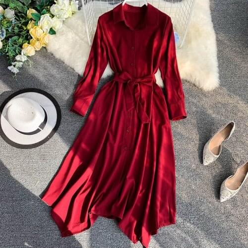 Spring Summer 2020 Vintage Red Black Pink Midi Dress Elegant Single Breasted Sashes Vestidos Casual Notched Asymmetrical Dress