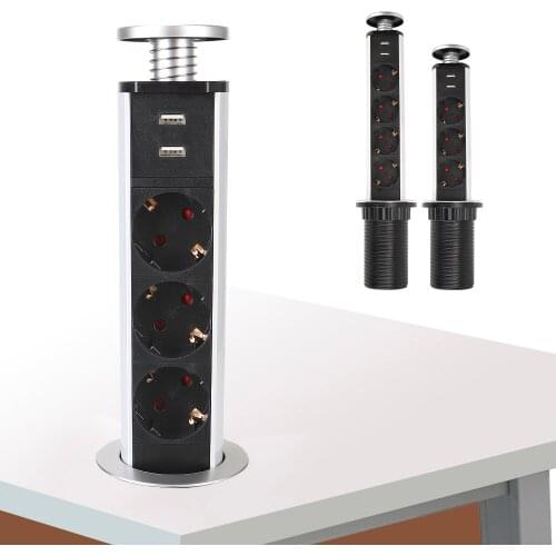 Hidden Desktop Sockets 3/4 power EU Plug Aluminum Shelf Kitchen Table Pop Up Electrical Socket Power 1 Led+2 charge USB