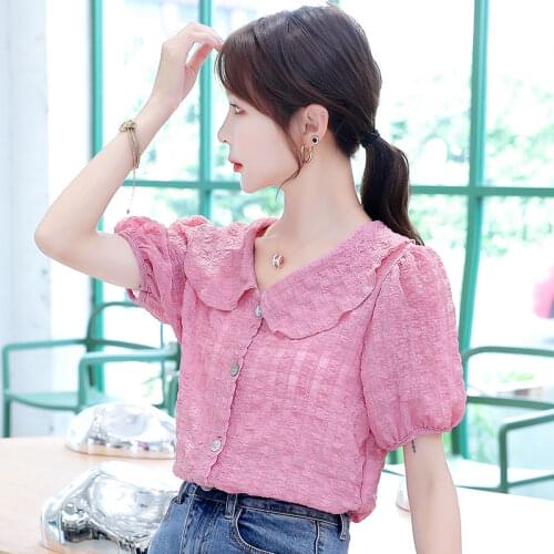 Women Blouse Summer Loose Short Sleeves Doll Collar Cardigan Chiffon Shirt Top for Women Blusas Ropa De Mujer