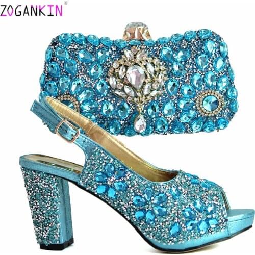 Christmas Day Party Shoes and Bag Set in Sky Blue Color Nigerian Ladies Comfortable Heels Matching Shoes and Bag For Wedding