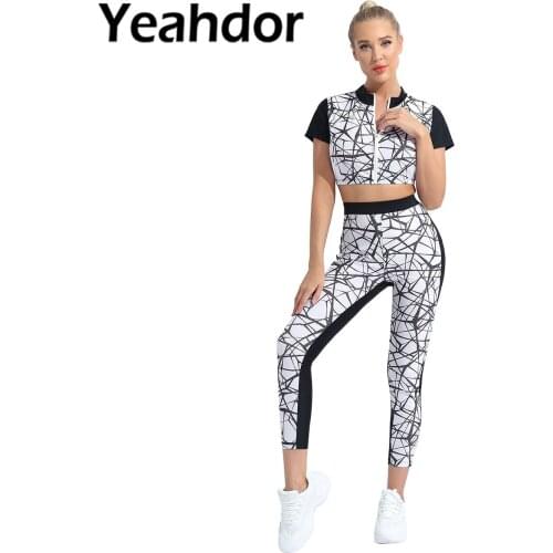 Women Summer Workout Sport Suit Short Sleeve Front Zipper Closure Short T-shirt High Waist Pants Sportwear for Running Gym Yoga