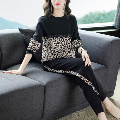 Knitting Tracksuit Women Two Piece kintted Set Autumn Winter Patchwork Lace Leopard Runway Casual Sweater + Pants Knit suit set