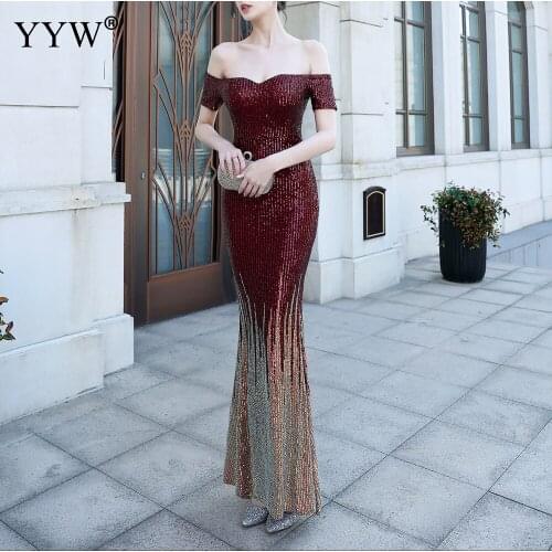 New Elegant Woman Off Shoulder Long Evening Dress Vintage Female 2XL Bling Sequin Party Long Dress Applique robe de soiree