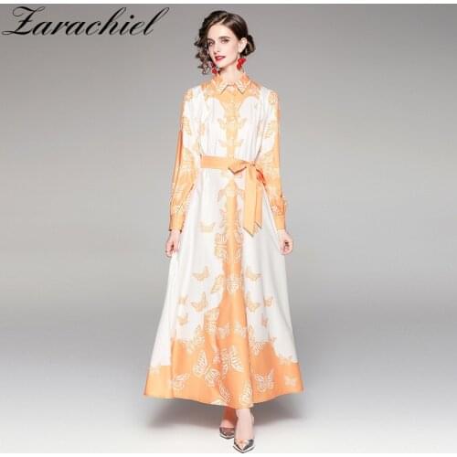 2021 Fashion Autumn Butterfly Flower Dress Womens Shirt Collar Long Sleeve Belt Contrast Vintage Vacation Maxi Robe Vestidos