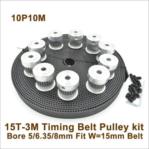 POWGE 10pcs 15 Teeth 3M Timing Pulley Bore5/6.35/8mm + 10meters W=15mm 3M Rubber Synchronous Open Belt 15T 15Teeth 3M Pulley