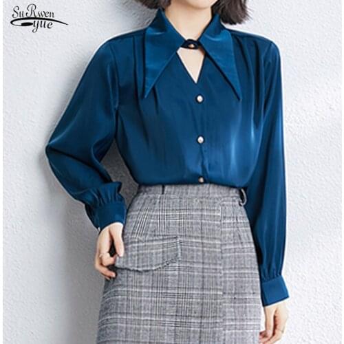 2021 Autumn Elegant Gentle Lady Shirt V-neck Senior Satin Blouse Woman Solid Long-sleeved Shirt Woman Clothes Blusas Mujer 15812